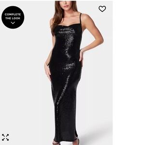 NEW WITH TAGS BEBE SEQUIN‎ BODYCON LONG SLIM MAXI DRESS IN BLACK